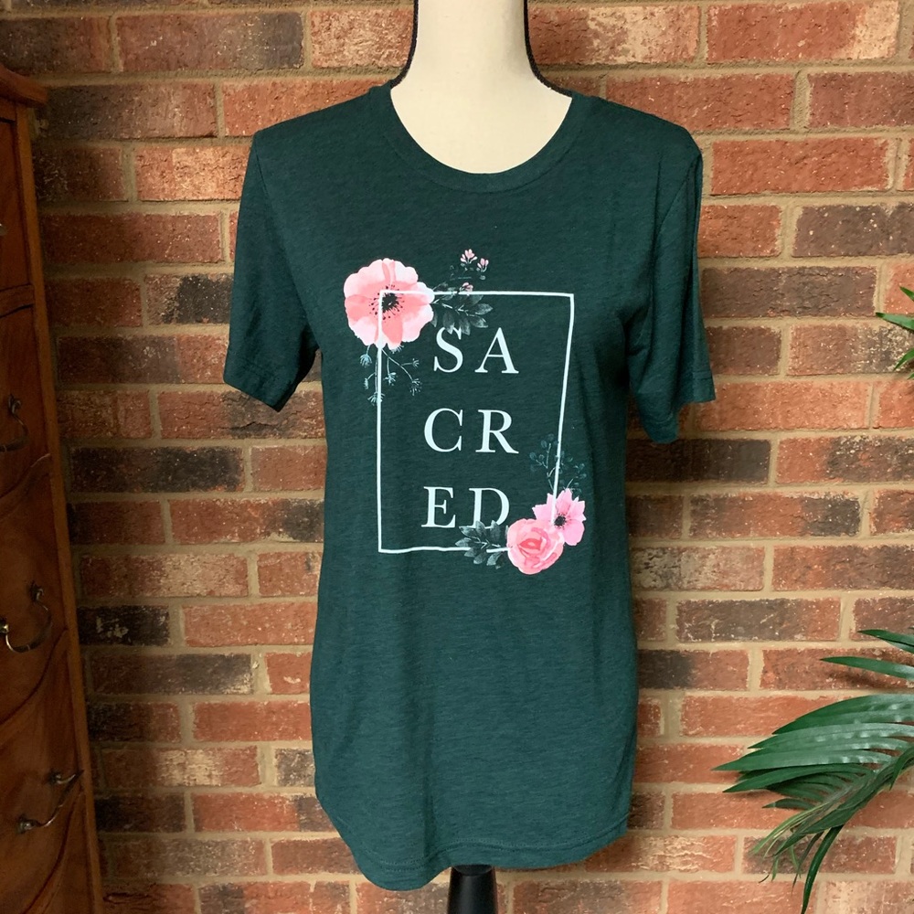 BELLA + CANVAS Green with Roses “Sacred” T Shirt Small